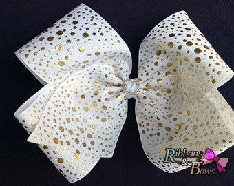 Girls JoJo Siwa inspired white with gold dot 7" Rhinestone handmade Hair Bow Clip