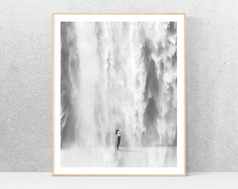 Black and white photography, printable art, waterfall, minimalist art, printable wall art, gray print, minimalist home decor, design poster