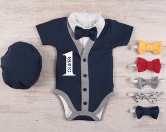 FIRST BIRTHDAY Outfit Boy, Personalized Short Sleeve Navy Cardigan, Bodysuit, Hat & Bow Tie Set, 1st Birthday Boy Outfit, Bow Tie Cardigan
