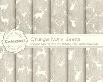 christmas digital paper " Grunge Ivory Deers " scrapbook deer antlers pattern 12x12 printable background high res
