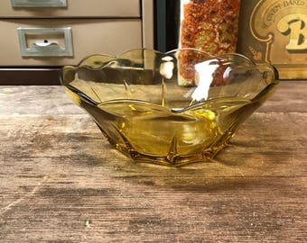 Vintage Bowl Amber Orange Glass Scalloped Rim