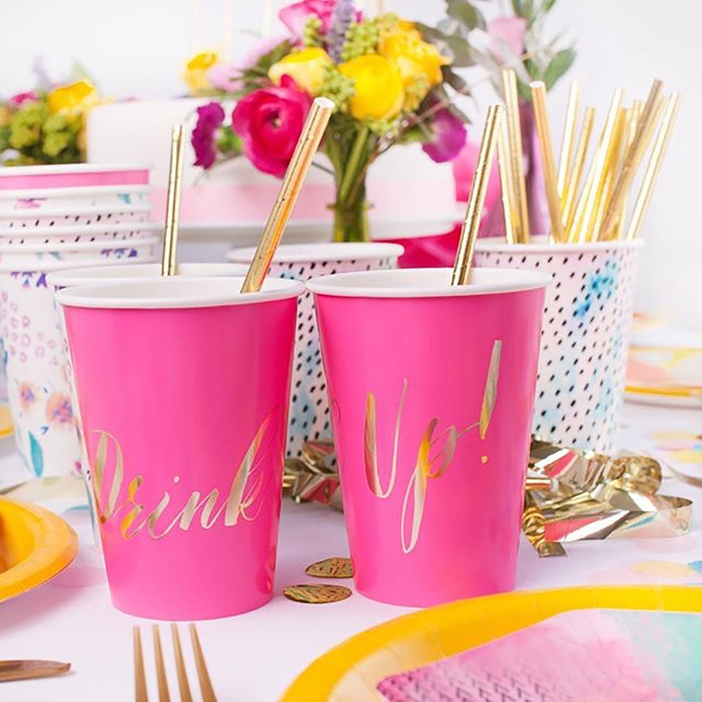Party Cups, Hot Pink, Gold, Neon, Pink and Gold, Cups, Floral