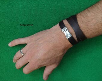 leather bracelet, triple wrap leather wristband with silver plated magnetic clasp, custom_made, brown leather or black leather, mens womens