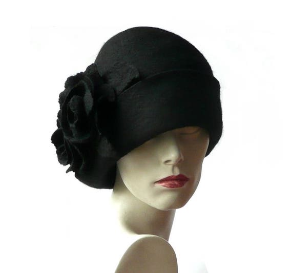 Black Felt Hat felt hats Black Cloche Hat hat 1920 Hat