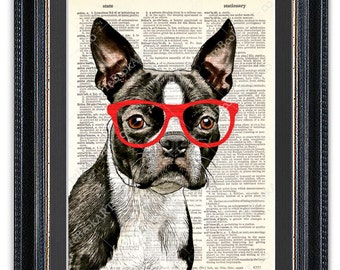 Boston Terrier With Glasses, Dictionary Art Print, Boston Terrier Art Print, Boston Terrier Art, Boston Terrier Poster