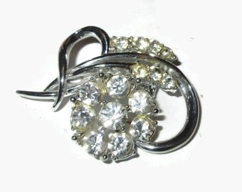 Rhinestone Brooch, Vintage Flower Pin, 1950s Jewelry, Silver Tone, , Mid Century, Bouquet