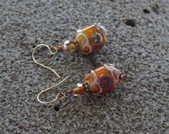 Brown Glass Earrings, Lampwork Earrings, Amber and Ivory Earrings, Western Jewelry
