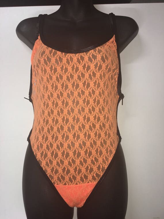 NEW*** MissManeater NEON ORANGE 1 of a kind see-thru lace zip side designer swimsuit ***