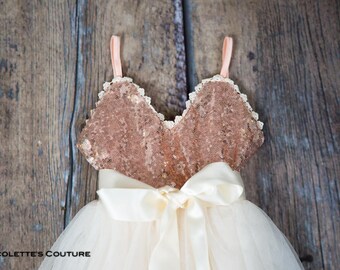 Rose Gold Flower Girl Dress, Cream Tulle Sash Belt set, Rose Gold sequin dress, Pink Ivory Cream Wedding, Gown, glitter, Ivory tutu dress