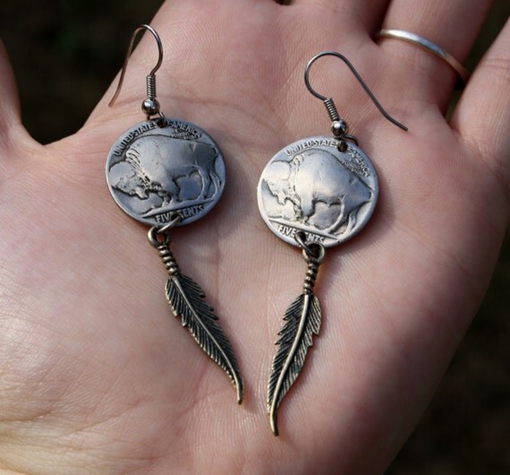 Buffalo Nickel Earrings with Feathers by KickassHeirlooms on Etsy