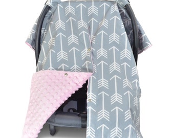 Carseat Canopy | Nursing Cover | Car Seat Canopy w/ Peekaboo Opening™- Arrow Pattern w/ Baby Pink Dot Minky for Girls | Breastfeeding Cover