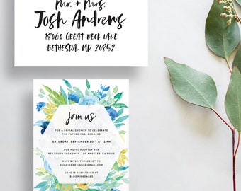 watercolor bridal shower invitations // floral party invitations // watercolor flowers // blue green yellow watercolor // printable custom