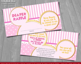Baby Girl Minnie Mouse Baby Shower Invitation Inserts - INSTANT DOWNLOAD - Pink Girl Minnie Printable Book Request & Diaper Raffle Tickets