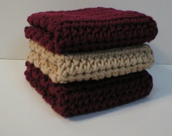 Handmade Crochet Cotton Dishcloths Washcloths, Set of 3: 2 Burgundy, 1 Beige (Dishcloths6344)