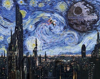 STAR WARS Inspired A Starry Wars Night Art Print - 8x10, 11x14 Painting, Van Gogh, SciFi Movie, Gift for Home, Wall Art, Impressionist Style