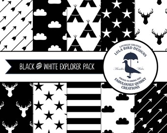 INSTANT DOWNLOAD 10 Black & White Digital Papers - Explorer Tribal Theme - Teepee/Tipi, Arrows, Stars, Clouds, Stags - 12x12 Digital Files