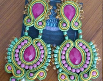 Earrings green soutache, mustard and purple