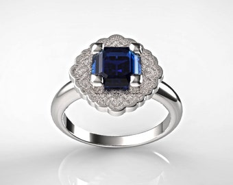 Sapphire White Gold Engagement Ring, Blue Sapphire Ring, Halo Engagement Ring, Cushion Cut Engagement Ring,Sapphire Engagement Ring,14K Gold