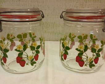 Set of Strawberry Blossom French Canning Jars - Strawberry French Canning Jars - Jars by ARC France - Retro Kitchen - Kitchen Kitsch