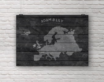Europe travel map, Wood effect, Wood wall art print, Personalised travel map, Where we've been map, Wall hanging, Anniversary Birthday gift
