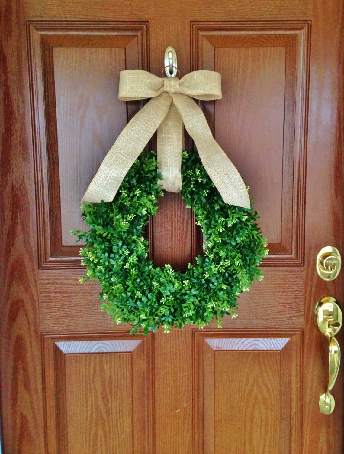 Boxwood Wreath with Burlap Ribbon Artificial Boxwood Wreath