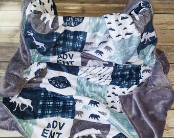 Minky Baby Blanket- Lumberjack Baby Boy Blanket- Navy Baby Boy Bedding- Adventure Blanket- Woodland Nursery