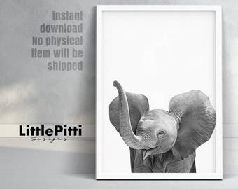 Baby elephant print, safari african animal, elephant trunk up, safari nursery, printable animal, modern nursery wall art, little elephant