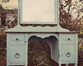 SOLD | Chippy & shabby-chic pale blue and walnut vanity/dressing table with tilt mirror, painted furniture, up-cycled, cottage chic
