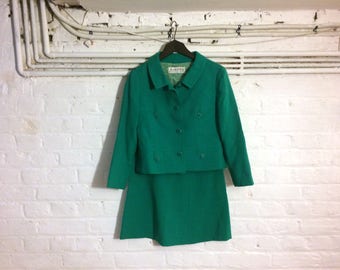 Vintage 1960s Emerald Green Suit Set - Blazer and Skirt - UK 8 EU 36 US 4