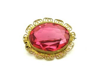 Antique Pink Glass Brooch | Antique Brooch | Edwardian Brooch | Brooch Pin | Pink Brooch | Glass Brooch | Filigree Brooch | Pink Pin