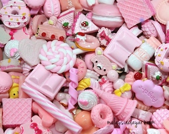 Pink Collection - 10 Pcs Assorted Pink Decoden Kawaii Cute Cabochons Cute Beads Candy Sweets Phone Casing