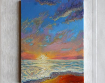 Oil painting seascape Summer landscape Seascape with sky Original gift for Colorful sky painting Original wall art Living room wall decor