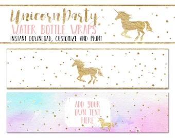 Unicorn Party Water Bottle Wrappers, Editable Printable Unicorn Birthday Party Bottle Wraps, Pink and Gold Unicorn Wrappers INSTANT DOWNLOAD