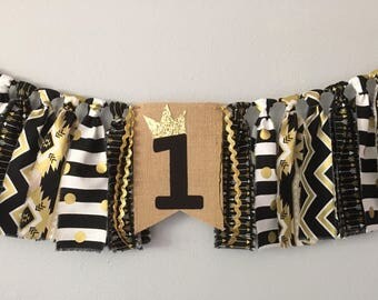Wild one banner, black gold fabric wild one highchair banner, where the wild things are, wild one birthday decoration, photo shoot, tribal