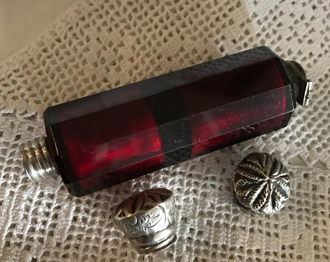 Antique Cranberry Glass and Silver Double End Perfume Bottle. Antique Perfume Bottle. Circa 1880. Cranberry Glass Perfume Bottle