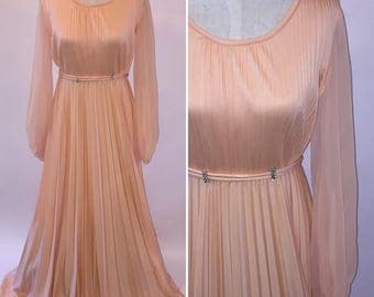 Vintage 1970s Spring Peach Maxi Dress Gown Sheer Long Sleeves Rhinestone Accents Prom Wedding Size Medium Large