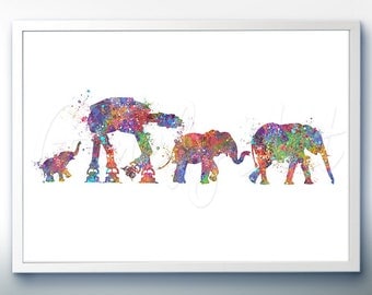 Elephant Family with Star Wars AT-AT Walker Watercolor Art Print - Watercolor Art Painting - Animal Poster - Home Decor - House Warming Gift