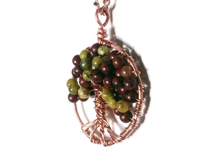 Mahogany Obsidian and Yellow Turquoise Jasper Copper Tree of Life Pendant Necklace
