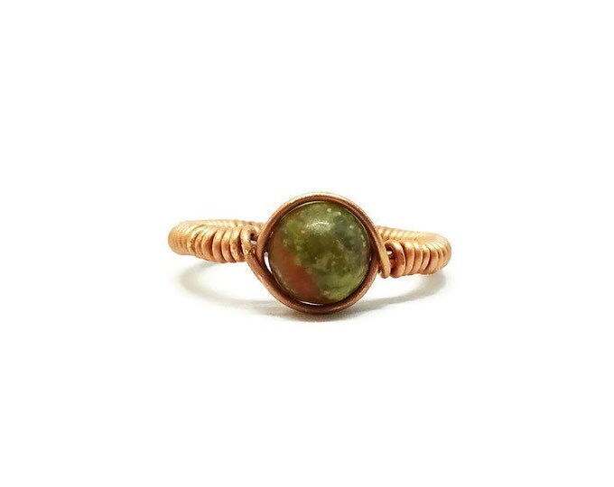 Unakite Copper Wrapped Ring, Heart Chakra Ring, Gemstone Jewelry, Copper Ring, Gifts for Her, Unique Birthday Gift
