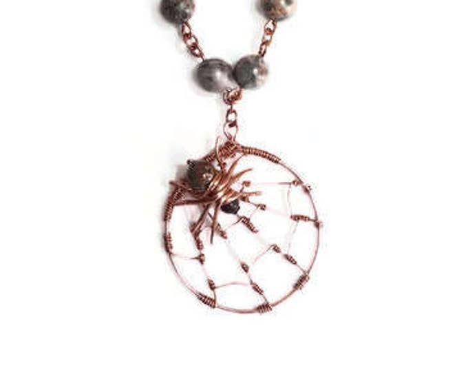 Copper and Gemstone Spiderweb Pendant, Leopardskin Jasper Gemstones, Gemstone Necklace, Unique Birthday Gift, Gift for Her, Copper Necklace