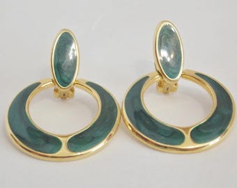 Gold Tone Green Sparkling Enamel Clip on Hoop Earrings, Knocker Earrings, Gold Tone earrings, Green Enamel earrings, Clip on Earrings