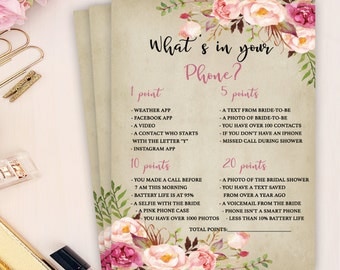 boho bridal shower game, what's in your phone bridal shower game, rustic bridal shower game, floral bridal shower game, wedding shower games