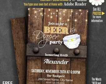 Beer and diaper party invitation, Printable dad baby shower, Instant download Self Editable PDF template A260