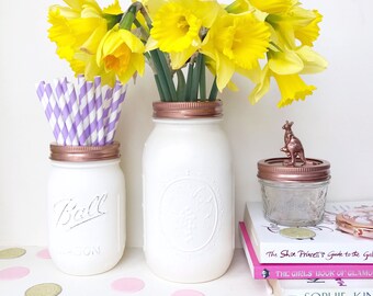 White Mason Ball Jars, White vase, white makeup pot, rose gold office decor, makeup brush holder, white desk organizer, white accessories