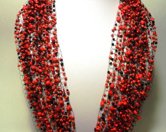 Red black airy necklace crochet multistrand necklace statemen jewelry gift for her cobweb everyday casual unusual gift idea romantic passion