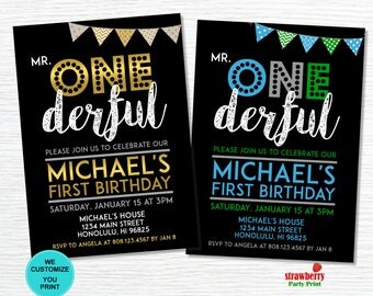 Mr ONEderful Invitation. 1st Birthday Invitation, Boy First Birthday. Mr Wonderful Themed Birthday. Customize Printable Invitation. A27
