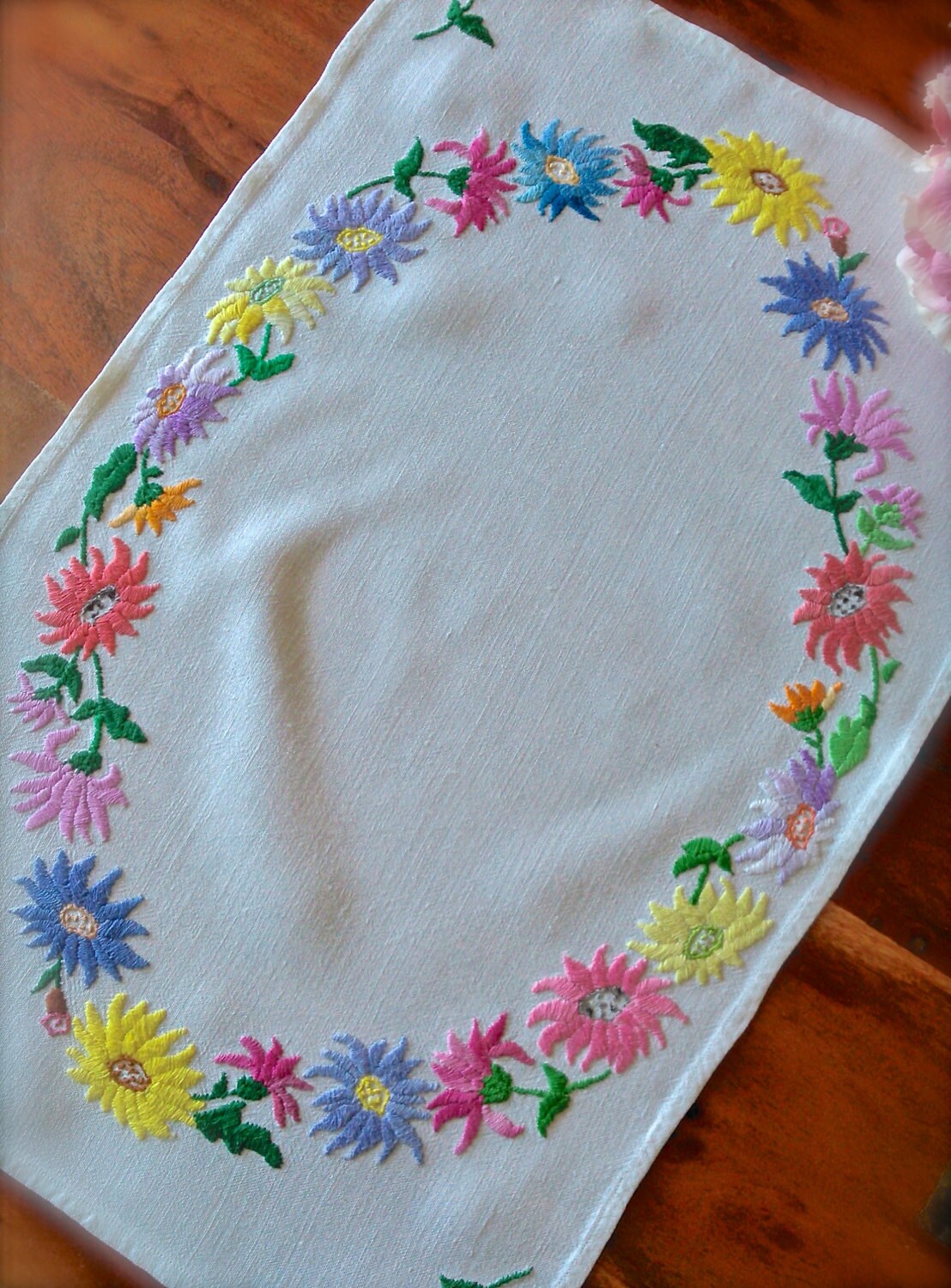 Hand Embroidered Ring Of Flowers Vintage by GardenOfCrinoline