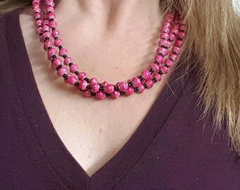 Long Recycled Paper Necklace -dark pink, Valentine's Day