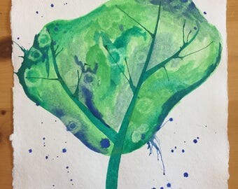 Blue and Green Tree Watercolor Painting