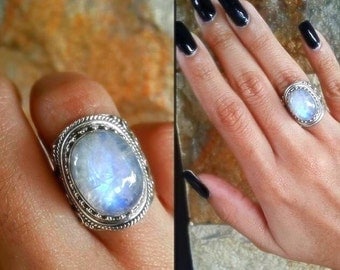 Natural Rainbow Moonstone Gemstone Pure 925 Sterling Silver Ring, Healing Ring, Boho Ring, Blue Flash Moonstone Ring, Gypsy Ring